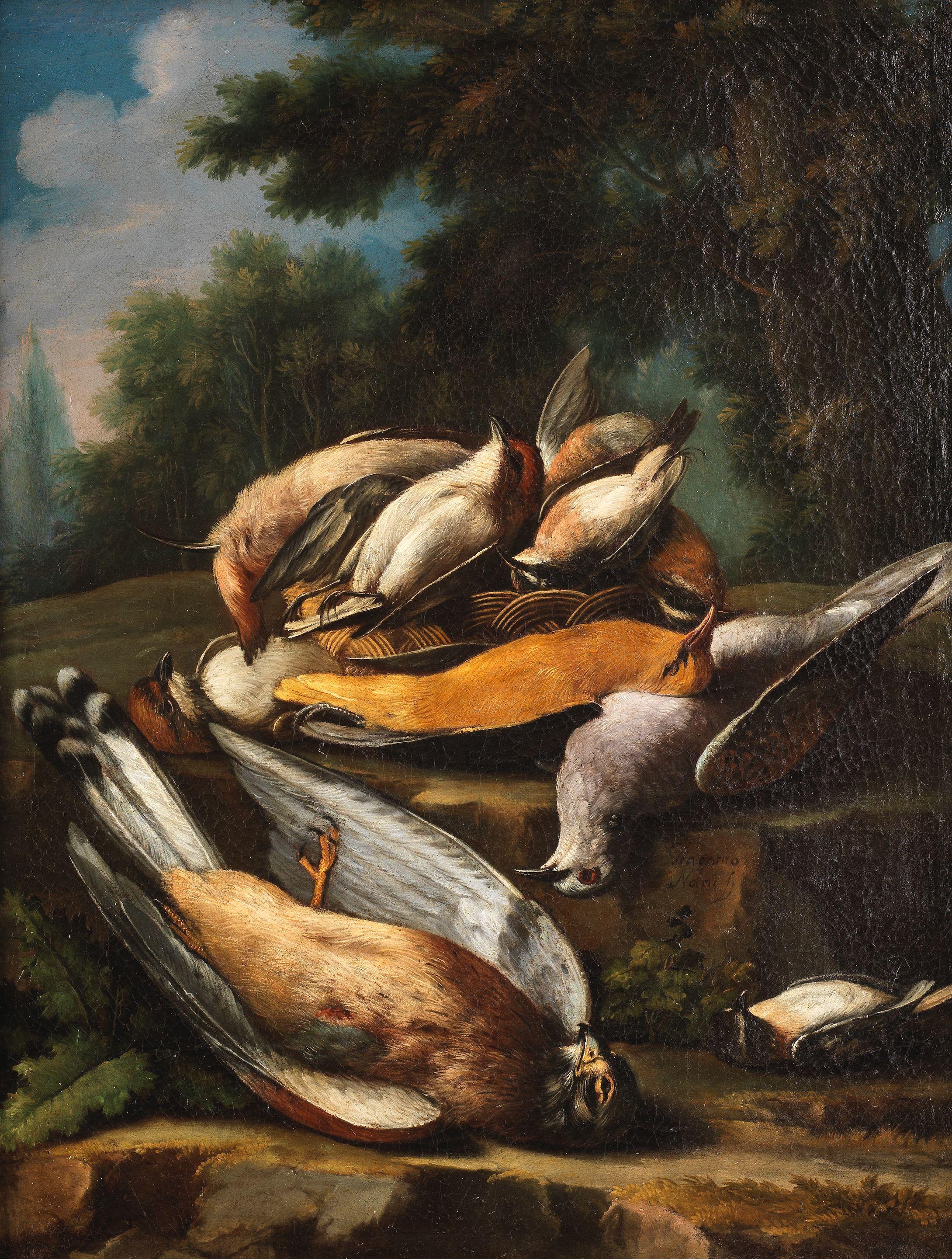 Giacomo Nani - A hawk attacking a hare; Dead game in a landscape; A basket of figs with other fruit and meat in a landscape; and A basket of dead game in a landscape (4)