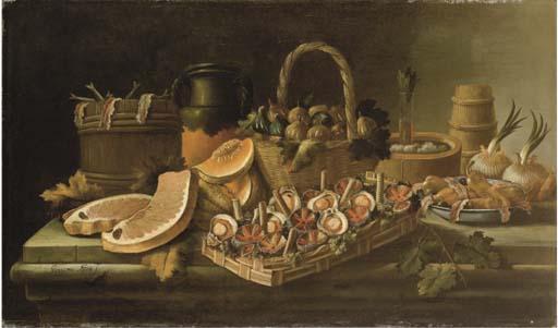 Giacomo Nani - Cestino Con Ricci E Capesante, Cestino di Fichi, Un Piatto Con Olive, Pere E Filetto di Alici, Cipolle, Meloni E Vari Contenitori di Legno