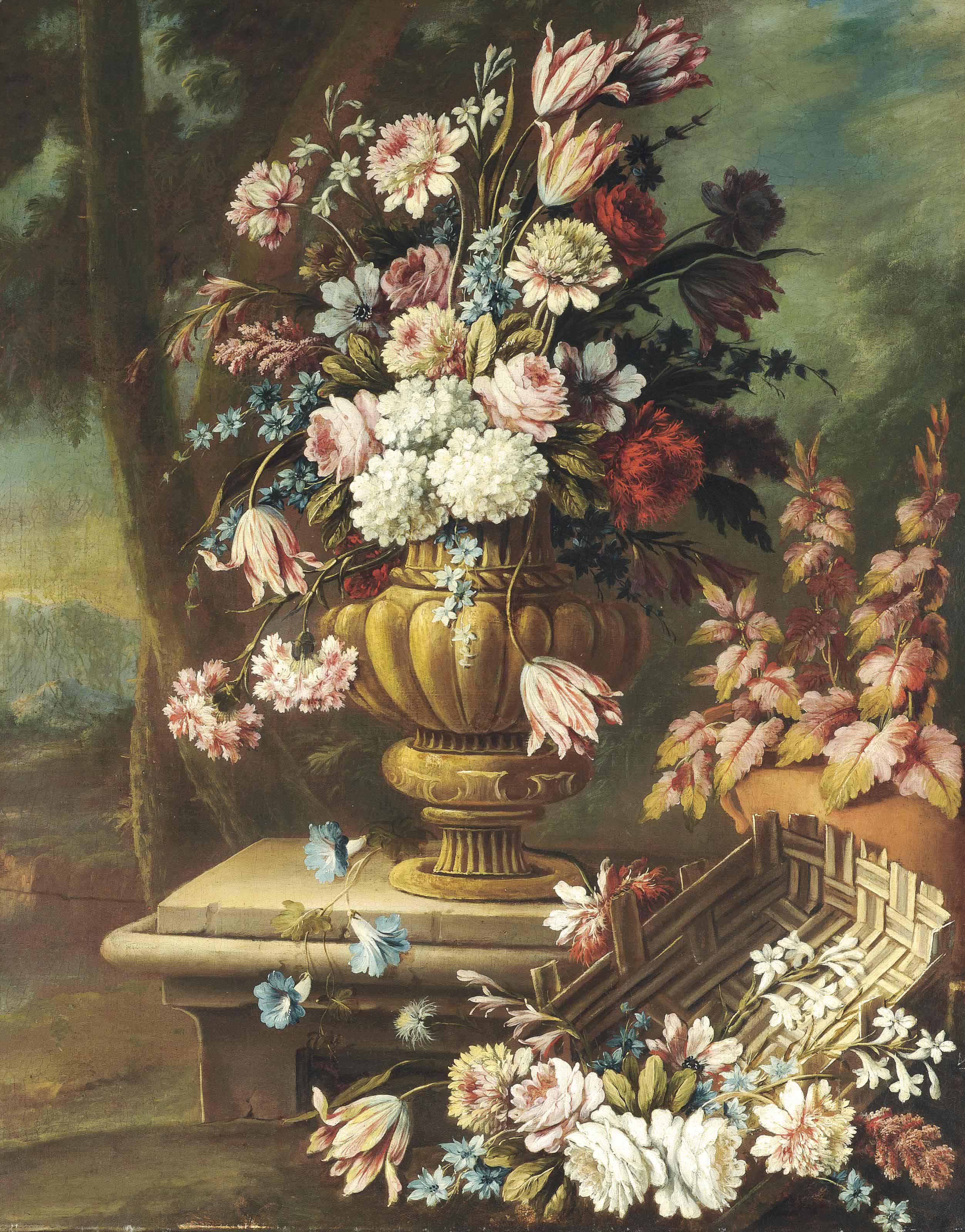 Giacomo Nani - Roses, parrot tulips, delphinia, hydrangea and other flowers in an urn on a plinth with roses, tulips and other flowers in a basket, in a wooded landscape