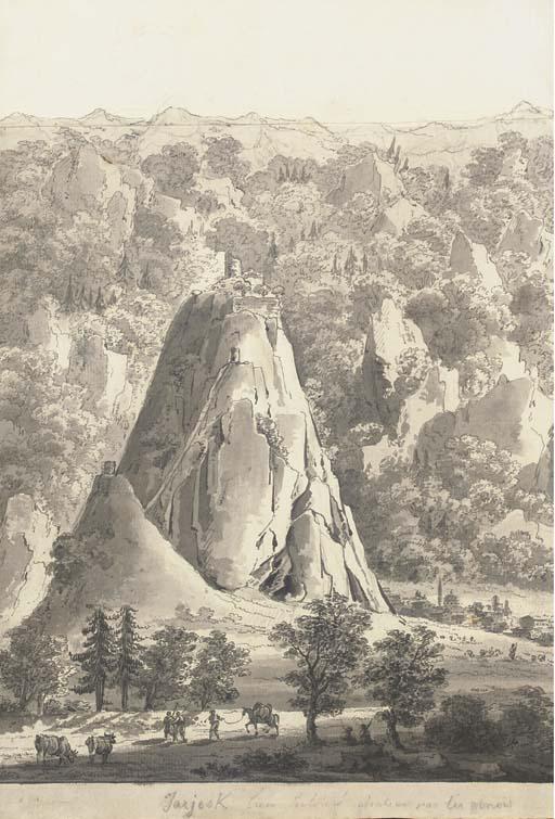 Giacomo Quarenghi - A Mountainous Landscape With A Genoese Castle On A Hill Top, With A Town At The Bottom