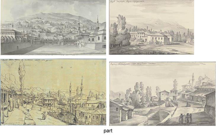 Giacomo Quarenghi - Five views in the Crimea: The courtyard of the Khan\'s Palace at Bakhchisarai; An extensive view of Bakhchisarai; Bakhchisarai with part of the Khan\'s palace; The Palace at Karasubazar; and A view of mountains in the Crimea