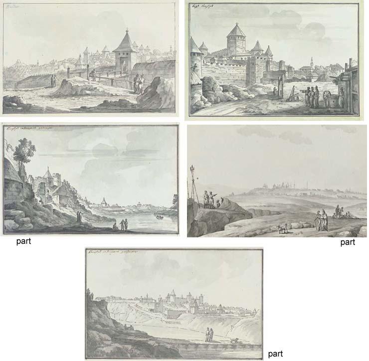 Giacomo Quarenghi - Five views of Bender: A distant view of the city; The entrance to the city; The city walls; The city seen from a pontoon by the Dniestr; and The city seen from the banks of the Dniestr