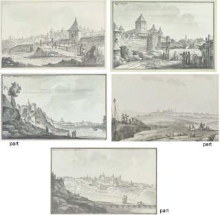 Giacomo Quarenghi - Five views of Bender: A distant view of the city; The entrance to the city; The city walls; The city seen from a pontoon by the Dniestr; and The city seen from the banks of the Dniestr
