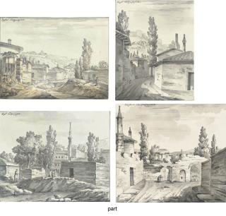 Giacomo Quarenghi - Four views of Bakhchiserai in the Crimea: Houses along the river; The walls of a mosque; A lane with a view of mountains; and A mosque among trees