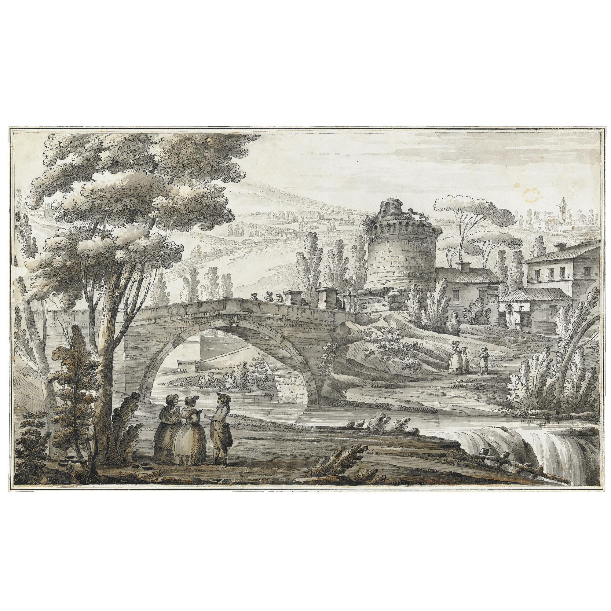 Giacomo Quarenghi - Landscape With Buildings And Figures Near A Bridge