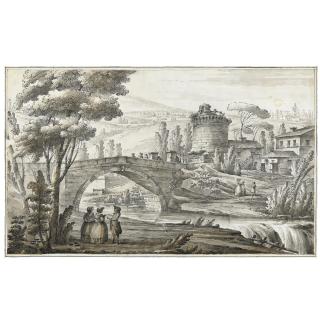 Giacomo Quarenghi - Landscape With Buildings And Figures Near A Bridge