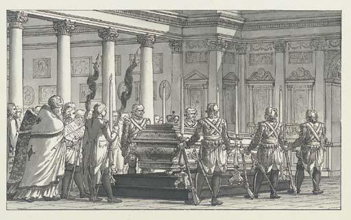 Giacomo Quarenghi - The Lying-in-State of the Emperor Paul I (1796-01), with a guard of honour, in a neoclassical interior
