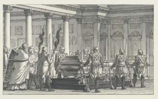 Giacomo Quarenghi - The Lying-in-State of the Emperor Paul I (1796-01), with a guard of honour, in a neoclassical interior