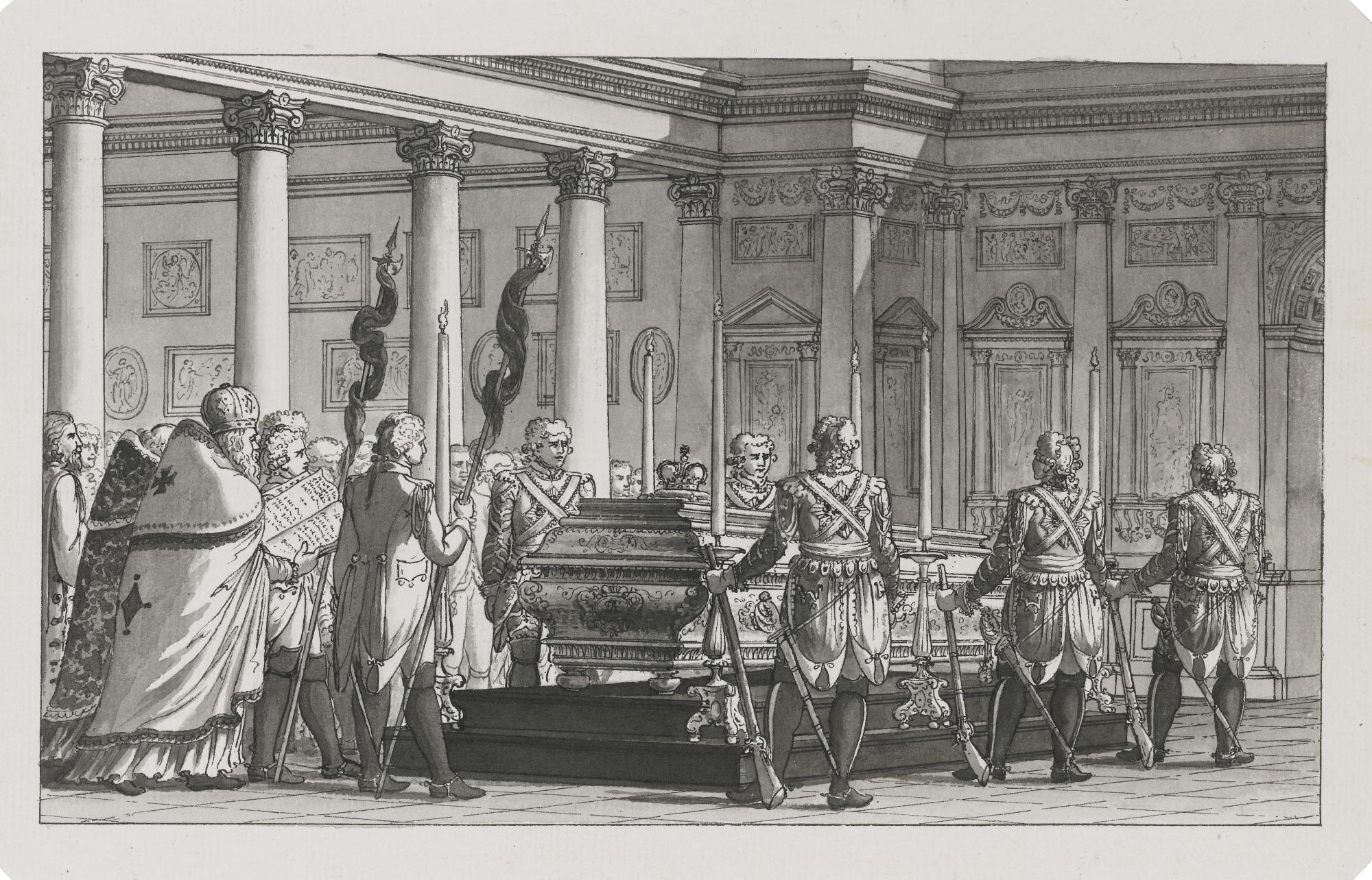 Giacomo Quarenghi - The Lying-In-State Of The Emperor Paul I, With A Guard Of Honour, In A Neoclassical Interior