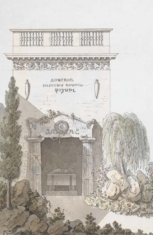 Giacomo Quarenghi - Un mausolée avec un sarcophage dans un parc