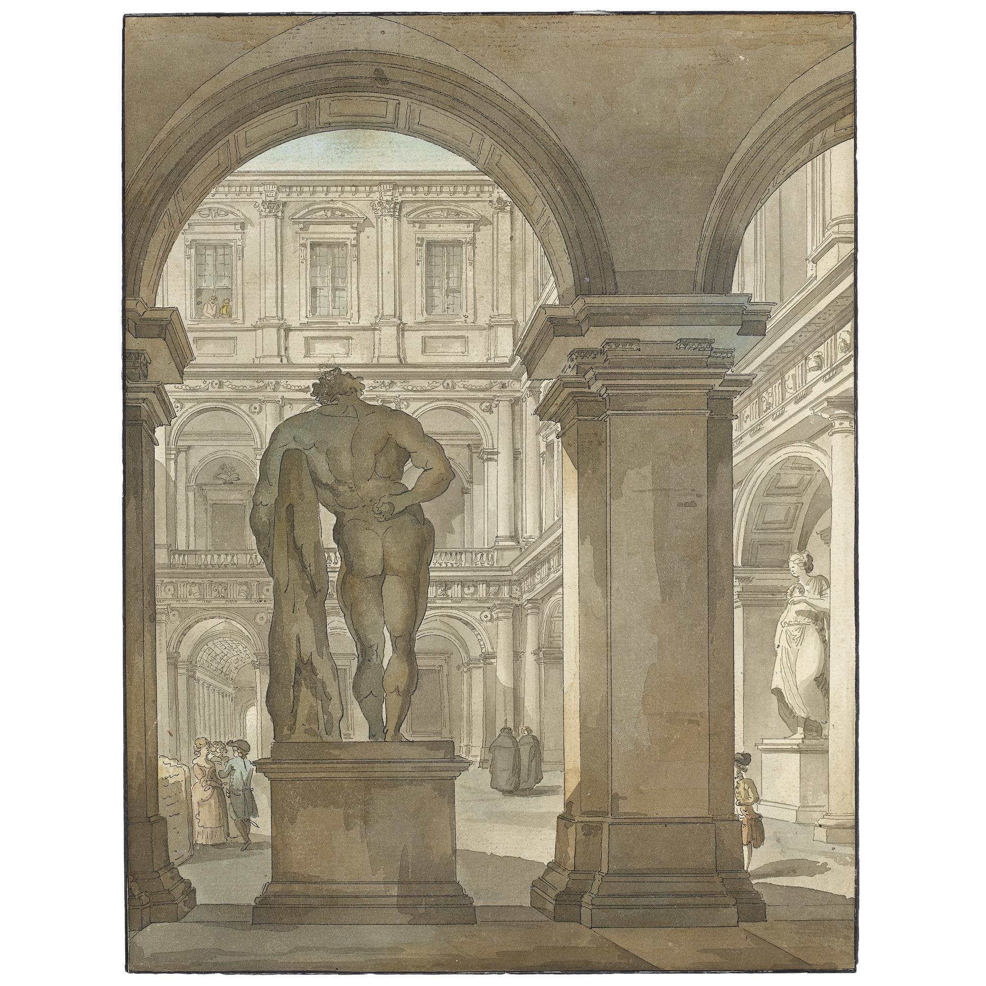 Giacomo Quarenghi - View Of The Farnese Hercules In The Portico Of The Courtyard Of The Farnese Palace, Rome