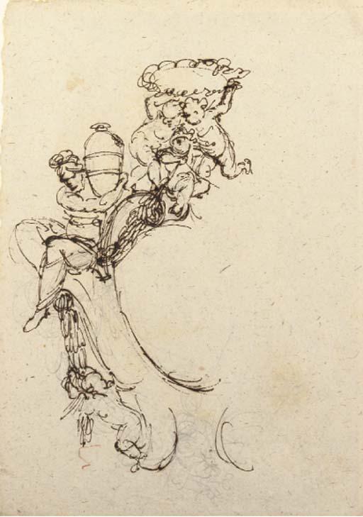 Giacomo Rossi - Projet pour un cartouche surmonté de trois putti tenant une couronne et une guirlande