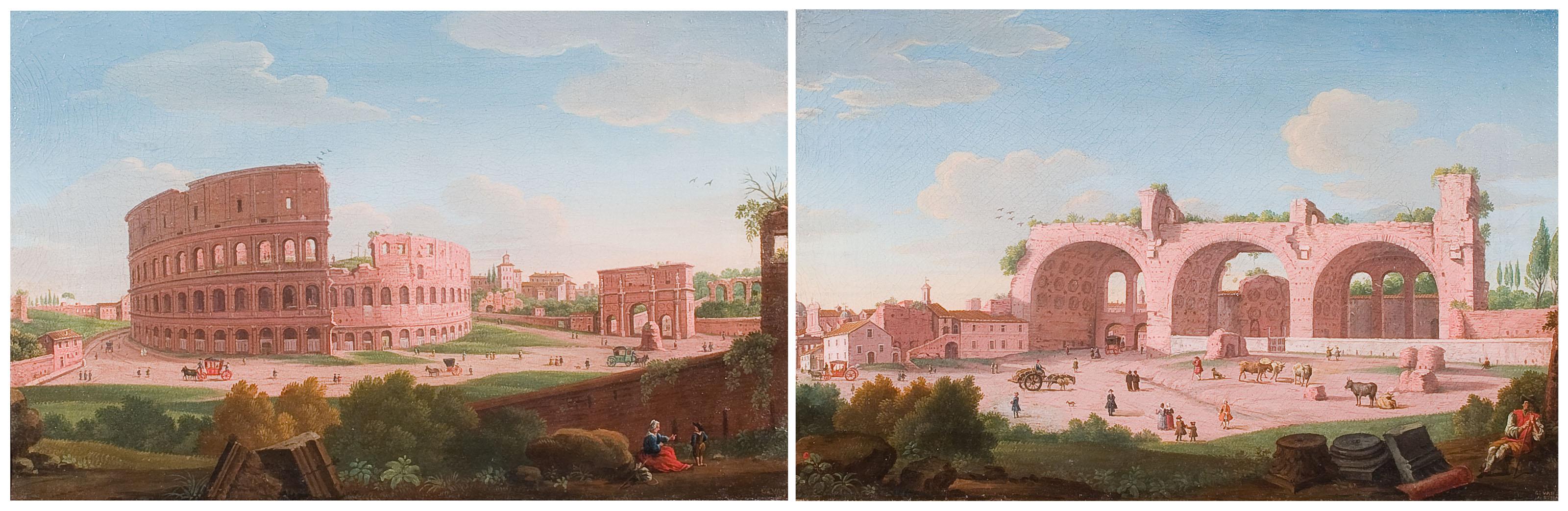 Giacomo Van Lint - A View of the Colosseum, Rome, with Figures and Carriages; and A View of the Basilica of Maxentius, Rome, with Figures and Carriages