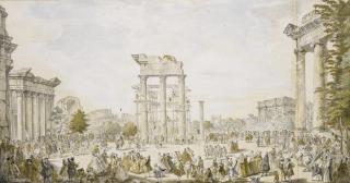 Gian Paolo Panini - An Idealized View Of The Roman Forum, With The Restoration Of The Temple Of Castor And Pollux, And The Colosseum And The Arch Of Titus In The Background