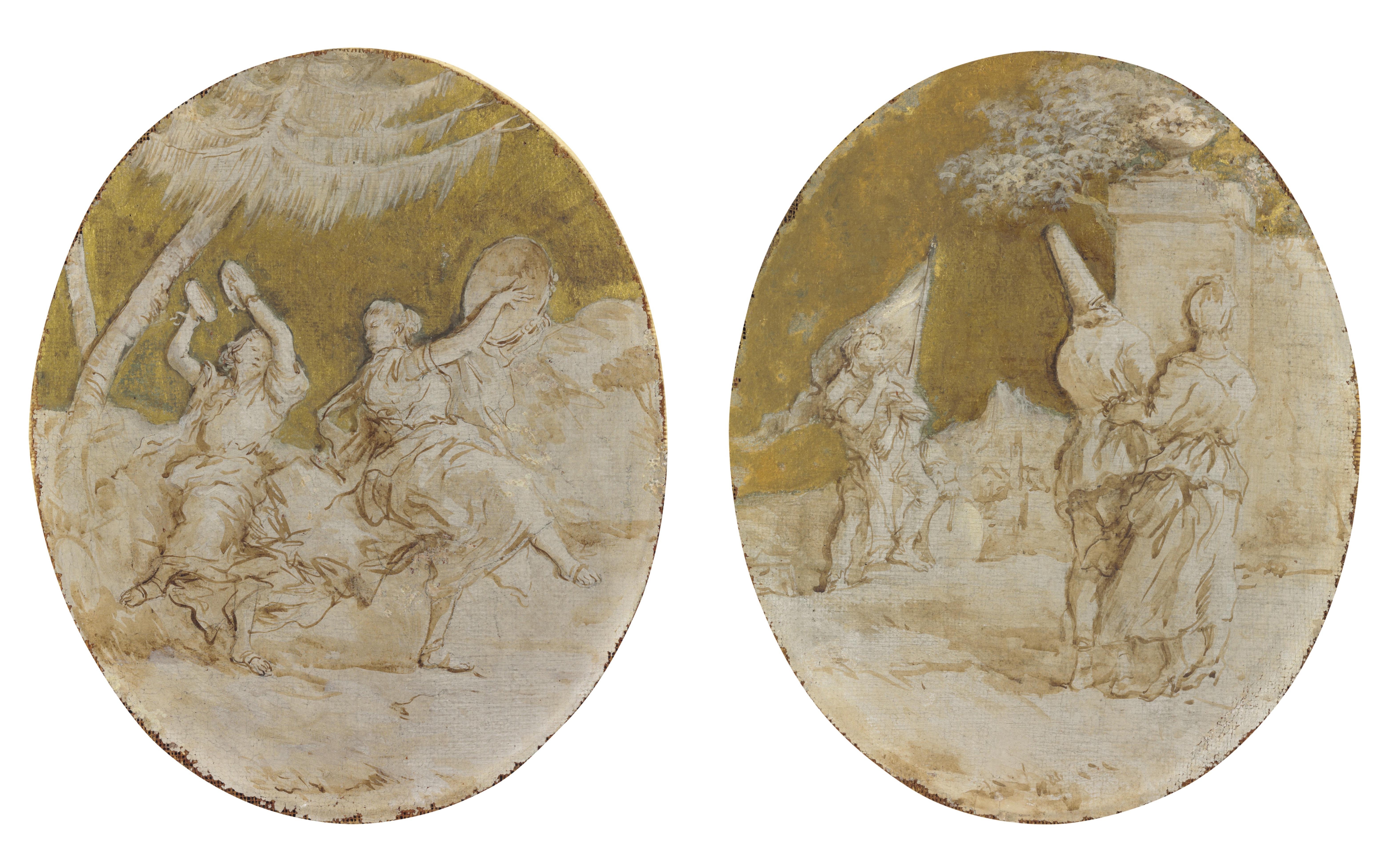 Giandomenico Tiepolo - A Baccanale With Two Women Dancing In A Landscape; And Pulcinella With Two Other Figures From The Commedia Dell\'Arte In A Landscape