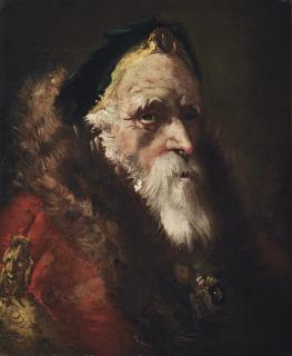 Giandomenico Tiepolo - Head study of a bearded man, in a green hat with a brooch and a fur-trimmed red mantle with a jewelled buckle