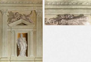 Giandomenico Tiepolo - La Clava di Ercole e Leontea Minerva entro nicchia sovrastata da timpano con due geni alati che reggono lo stemma Valmarana