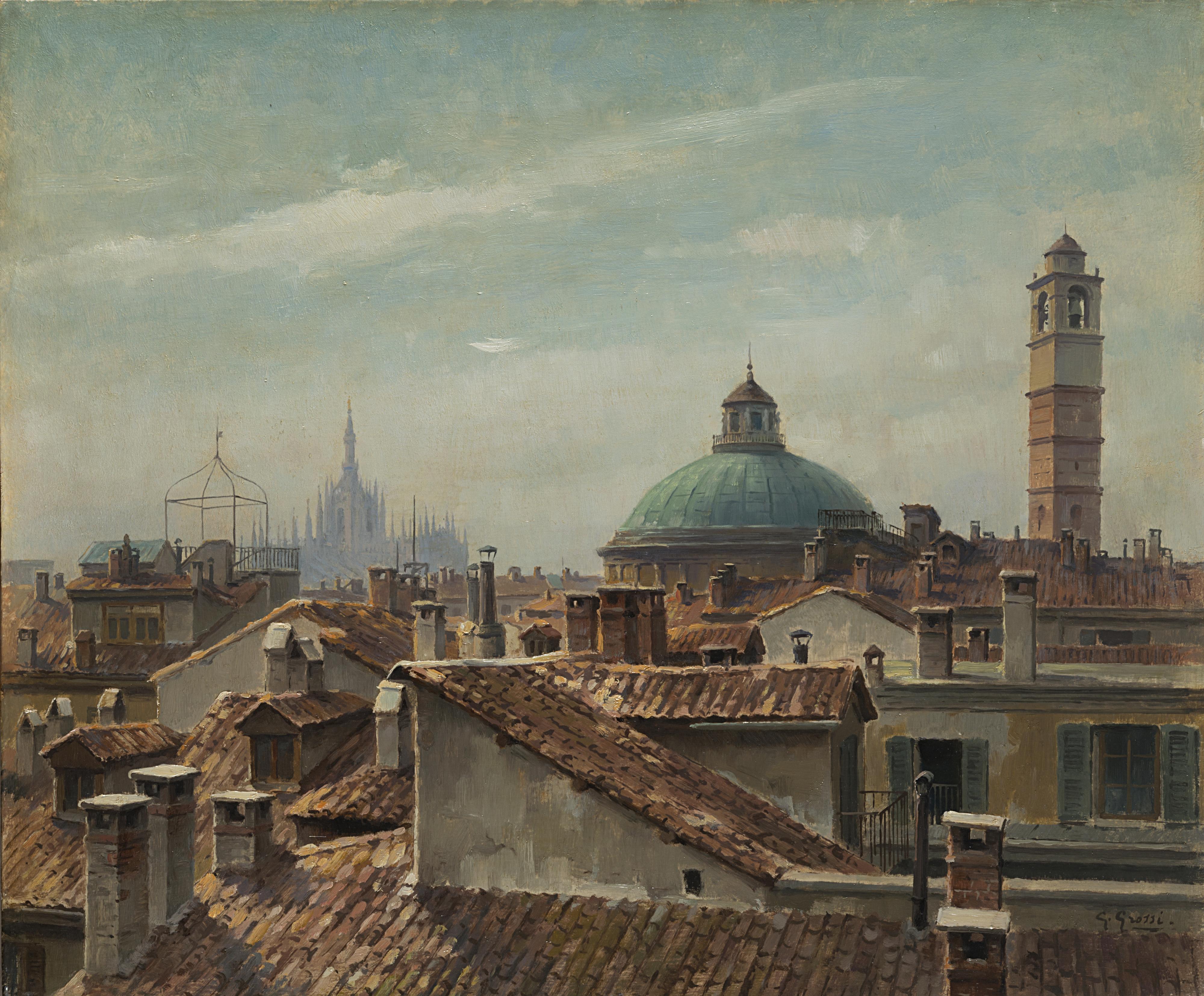 Giannino Grossi - Veduta dei tetti di casa Beretta, Corso Monforte 10, Chiesa di San Carlo, il Duomo