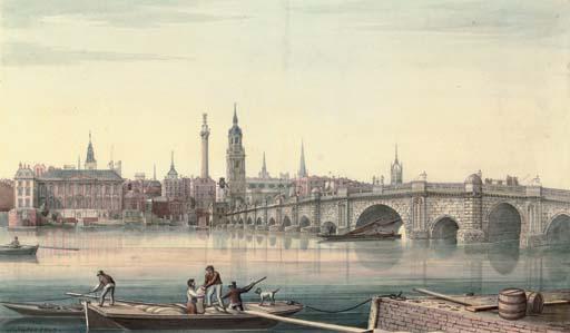 Gideon Yates - View of Old London Bridge from the south bank looking towards Fishmongers Hall and The Monument (illustrated); and View of Old London Bridge from Chamberlain\'s Wharf, Tooley Street, looking north