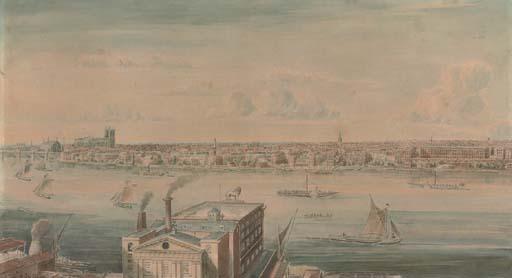 Gideon Yates - View of Waterloo Bridge, eastwards from the north bank of the Thames, St. Paul\'s beyond; and View from above Goding\'s New Lion Ale Brewery looking towards Westminster Abbey and the north bank of the Thames (illustrated)