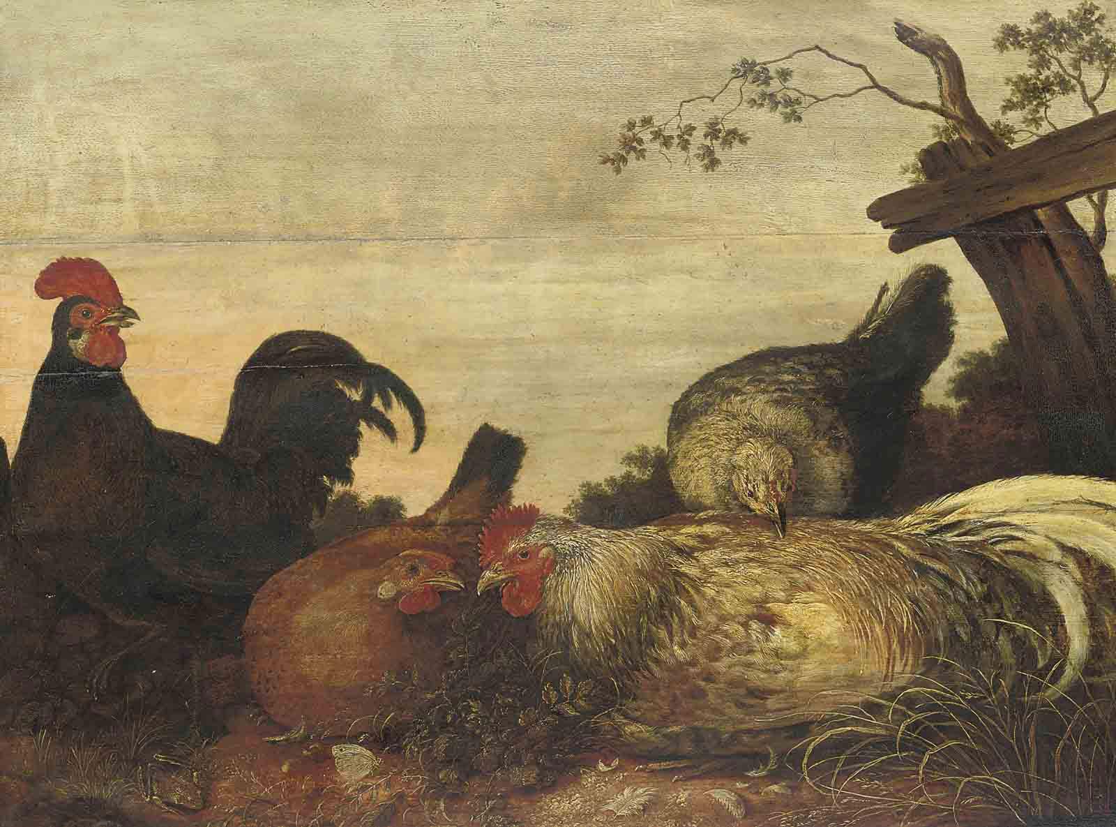 Gijsbert Gillisz. de Hondecoeter - A cockerel and hens in a landscape