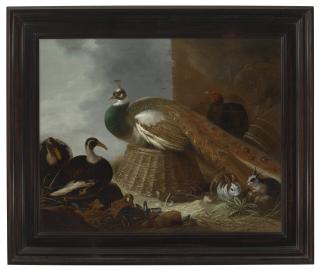 Gijsbert Gillisz. De Hondecoeter - A peacock, a pair of ducks, rabbits and a turkey in a landscape