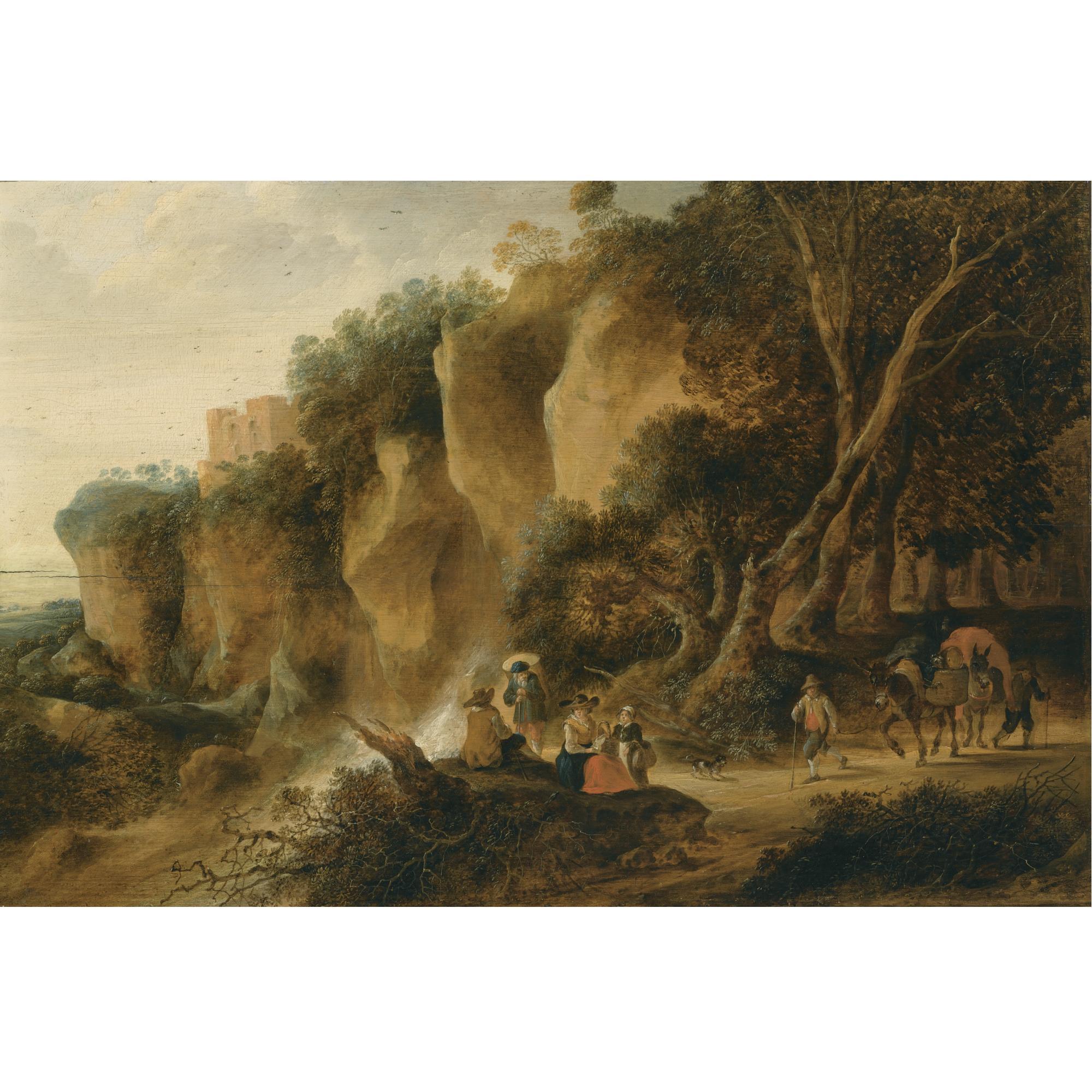Gijsbert Gillisz. de Hondecoeter - A Rocky Wooded Landscape With Travellers And Their Donkeys On A Path