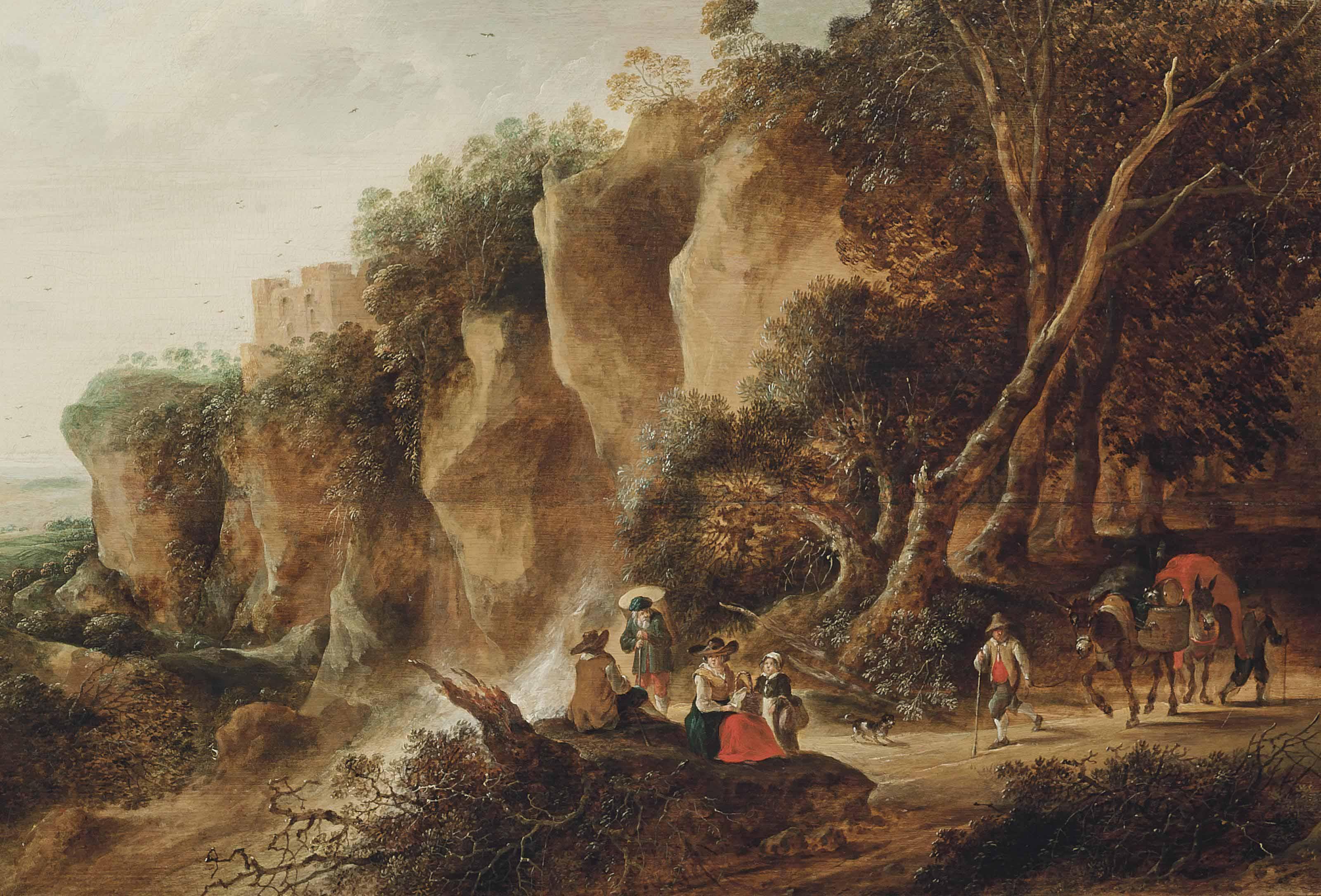 Gijsbert Gillisz. De Hondecoeter - A wooded landscape with travellers on a path