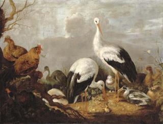 Gijsbert Gillisz. de Hondecoeter - Storks, Mallards, Chickens, A Heron, A Frog And Other Birds In A River Landscape