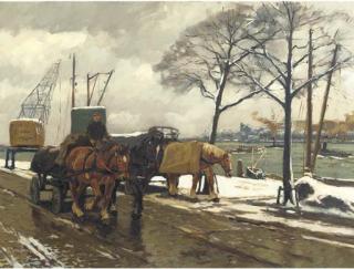 Gijsbertus Johannes van Overbeek - On a snowy quay in Rotterdam