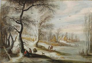 Gijsbrecht Leytens - A winter landscape with a woman and woodmen on a wooded track, a village beyond