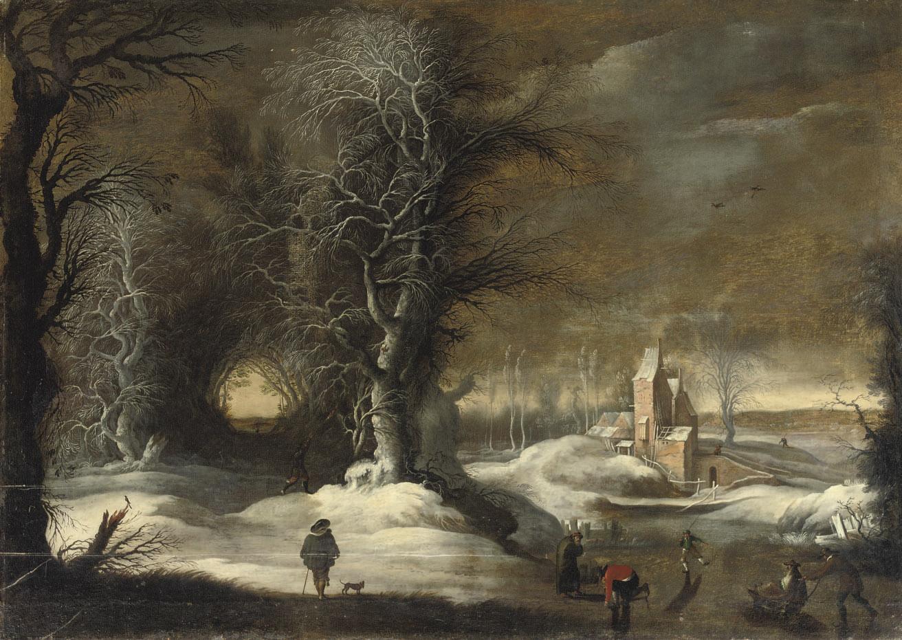 Gijsbrecht Leytens - A winter landscape with figures sleighing and skating