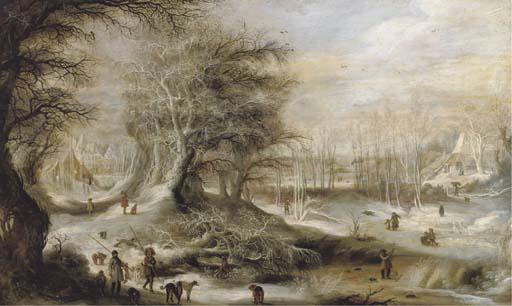 Gijsbrecht Leytens - A Winter Landscape With Hunters On A Forest Track And Children Playing On A Frozen River, Villages Beyond