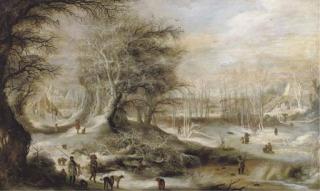 Gijsbrecht Leytens - A Winter Landscape With Hunters On A Forest Track And Children Playing On A Frozen River, Villages Beyond