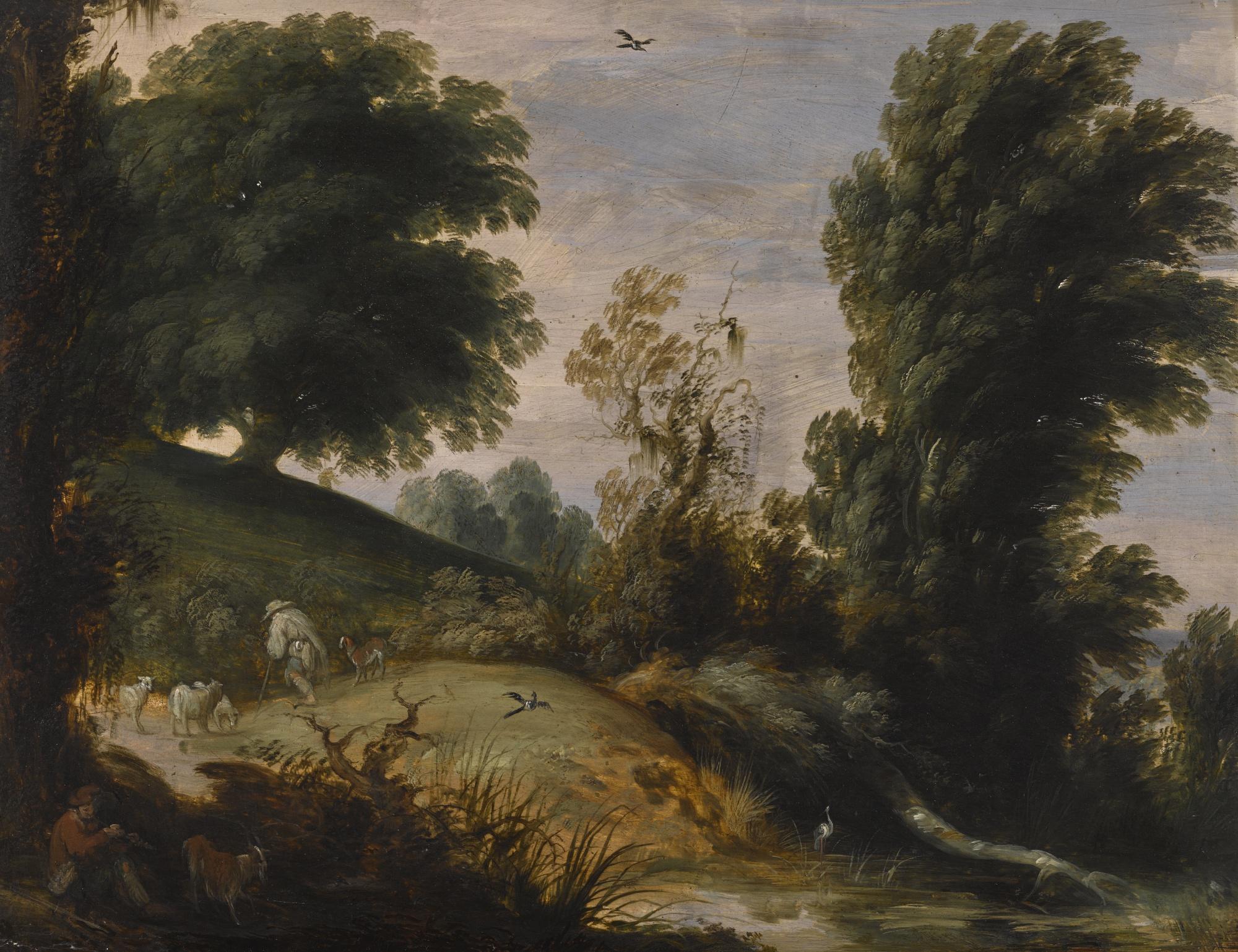 Gijsbrecht Leytens - A Wooded Landscape With A Shepherd Tending His Flock On A Riverbank
