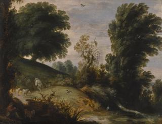 Gijsbrecht Leytens - A Wooded Landscape With A Shepherd Tending His Flock On A Riverbank