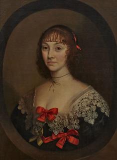 Gilbert Jackson - Portrait Of A Lady, Half-Length, In A Feigned Oval And Wearing A Black Dress With White Lace And Red Bows