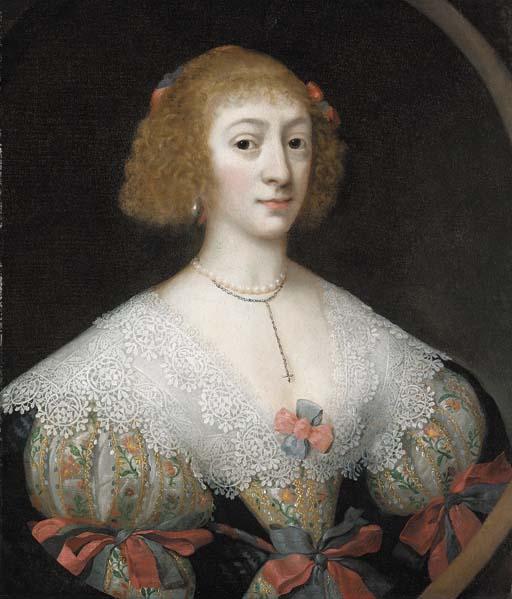 Gilbert Jackson - Portrait of a lady, half-length, in an embroidered dress with an ornate lace collar, feigned oval
