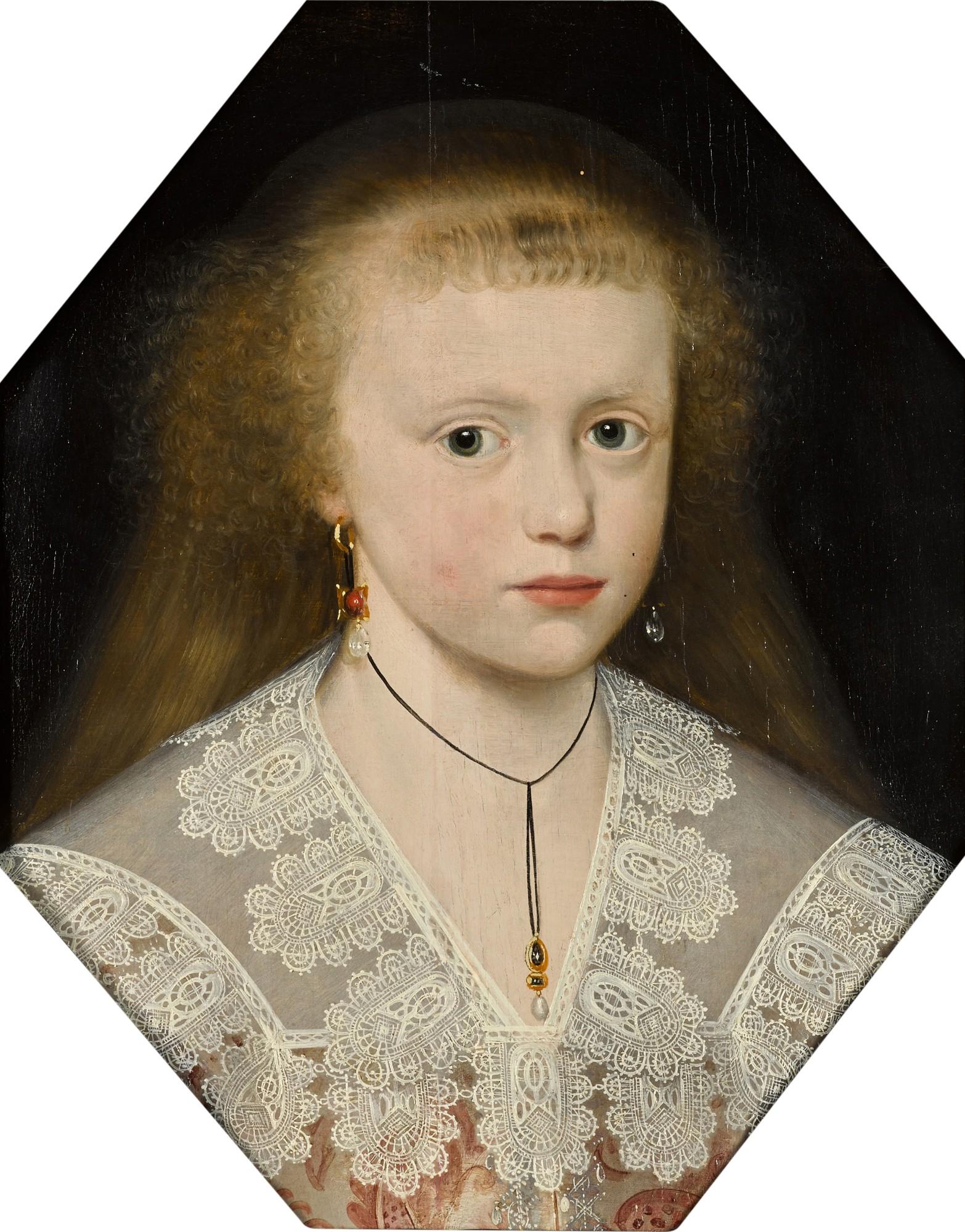 Gilbert Jackson - Portrait of a young woman called Elizabeth, bust-length, wearing a lace decorated collar over a pink dress