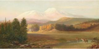Gilbert Munger - Mount Shasta (with Indians and Encampment) 15 x 30 in. framed 21 x 36 in.