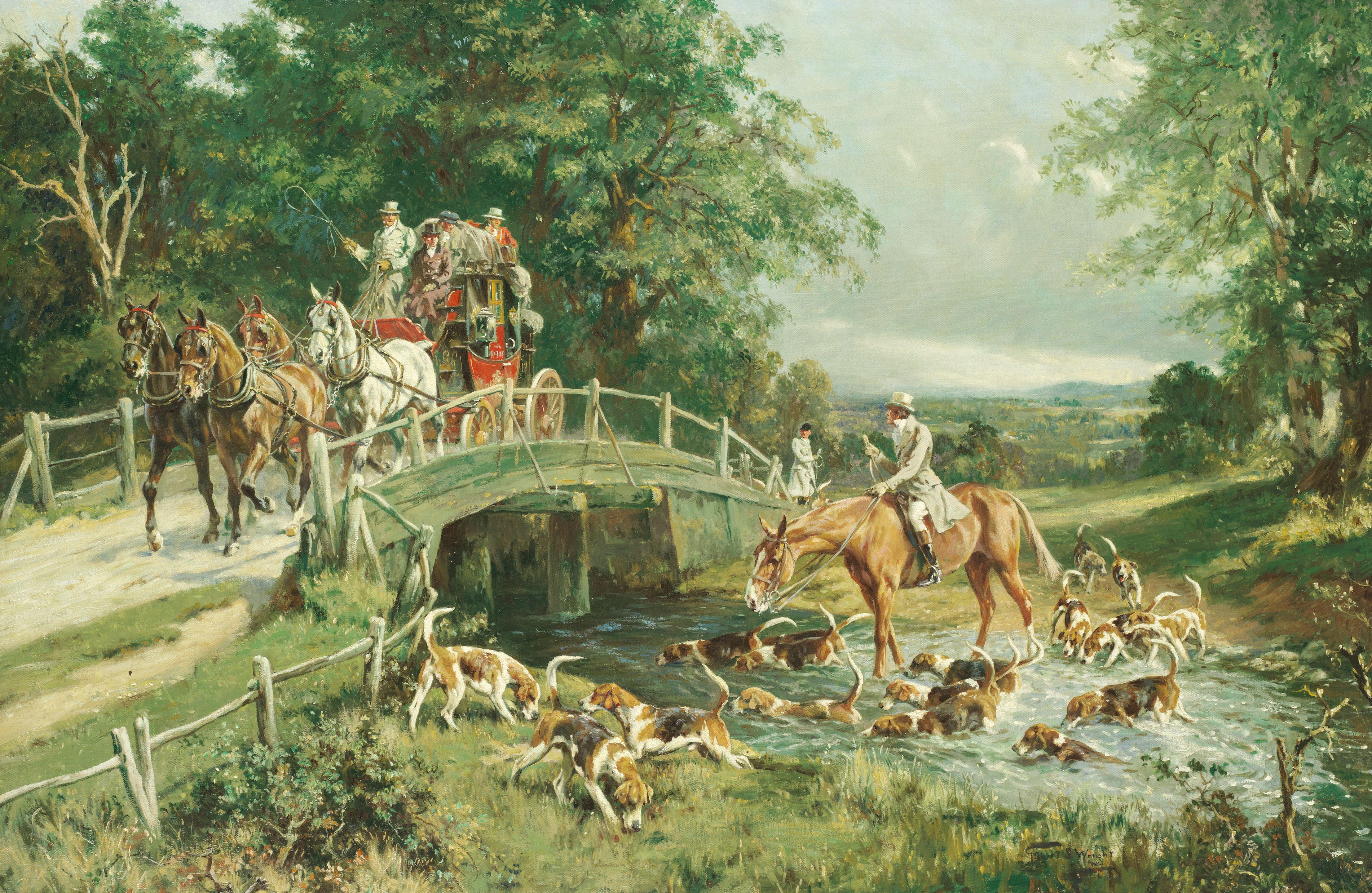 Gilbert Scott Wright - Exercising the hounds, the Royal Mail crossing a bridge