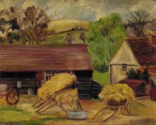 Gilbert Spencer, R.A. - Hay Carts In The Farmyard