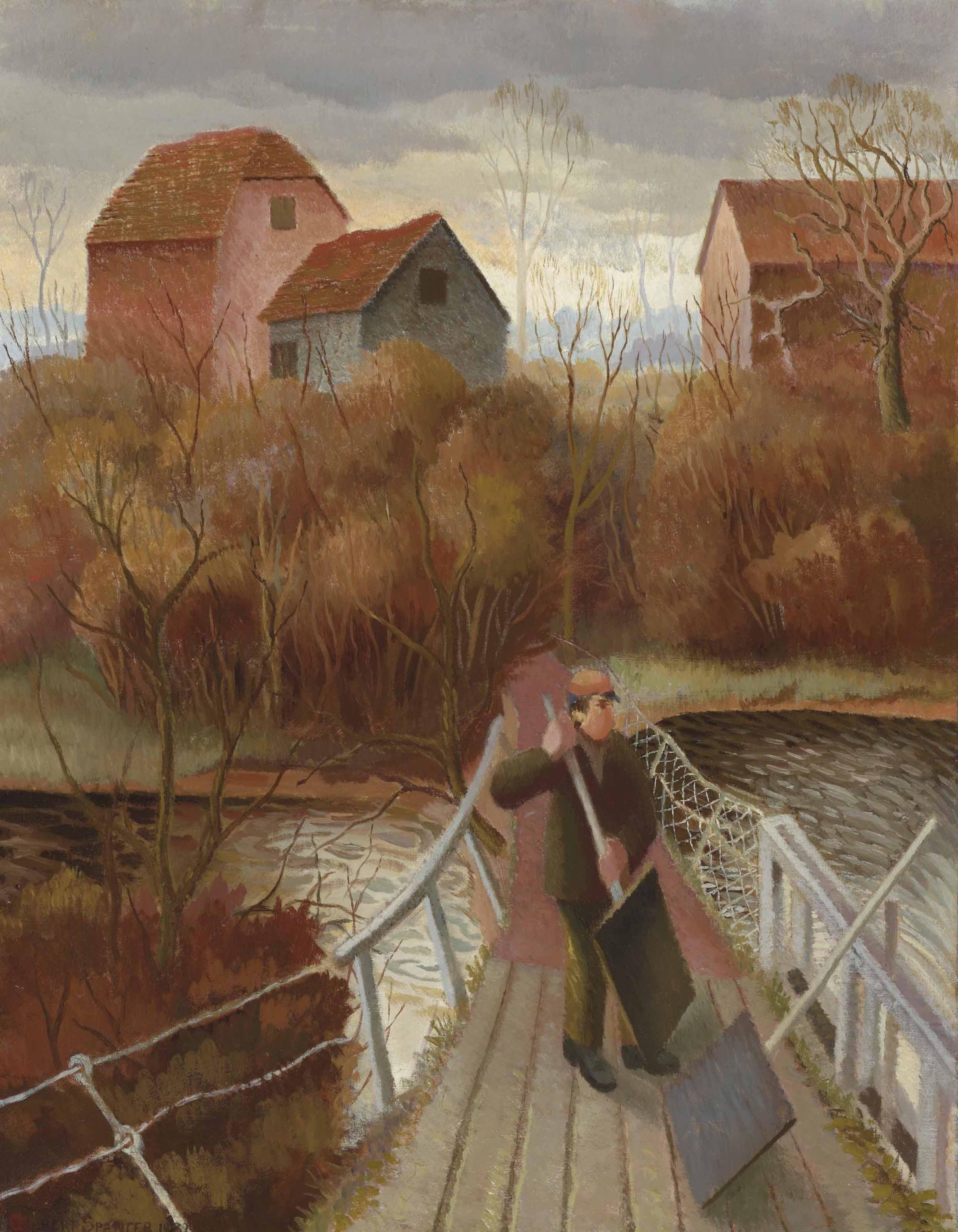 Gilbert Spencer, R.A. - Man at a sluice gate on the Thames