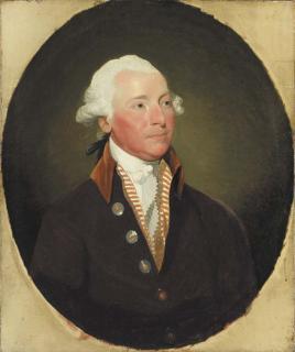 Gilbert Stuart - Portrait of a gentleman, said to be Sir John Leeds, Bt. (d. 1811), bust-length, in a brown jacket with a velvet collar, striped lining and a white cravat, in a painted oval