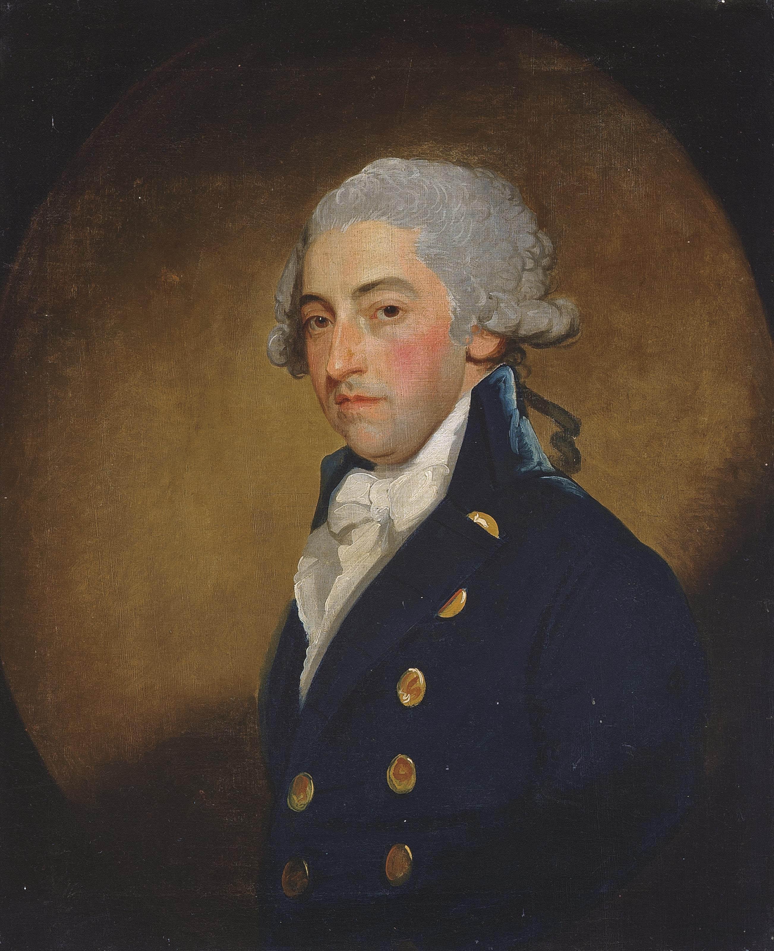 Gilbert Stuart - Portrait of a gentleman, traditionally identified as William Taylor, half-length, in a blue coat and white cravat, in a feigned oval