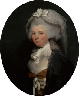 Gilbert Stuart - Portrait of a lady, half-length, wearing a brown dress with a black lace shawl and a white bonnet