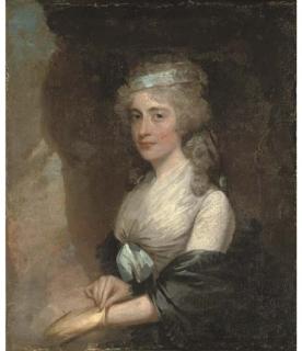 Gilbert Stuart - Portrait of Charlotte Grierson, of Rathfarnham House, Co. Dublin, Half-Length, In A White Dress With A Blue Bow And A Black Shawl, Putting On A Glove