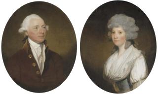 Gilbert Stuart - Portrait of Sir John Lees, 1st Bt., of Black Rock, Co. Dublin, bust-length, in a dark red coat; and Portrait of Mary, Lady Lees, eldest daugher of Robert Cathcart of Glandusk, Co. Ayr, bust-length, in a blue dress