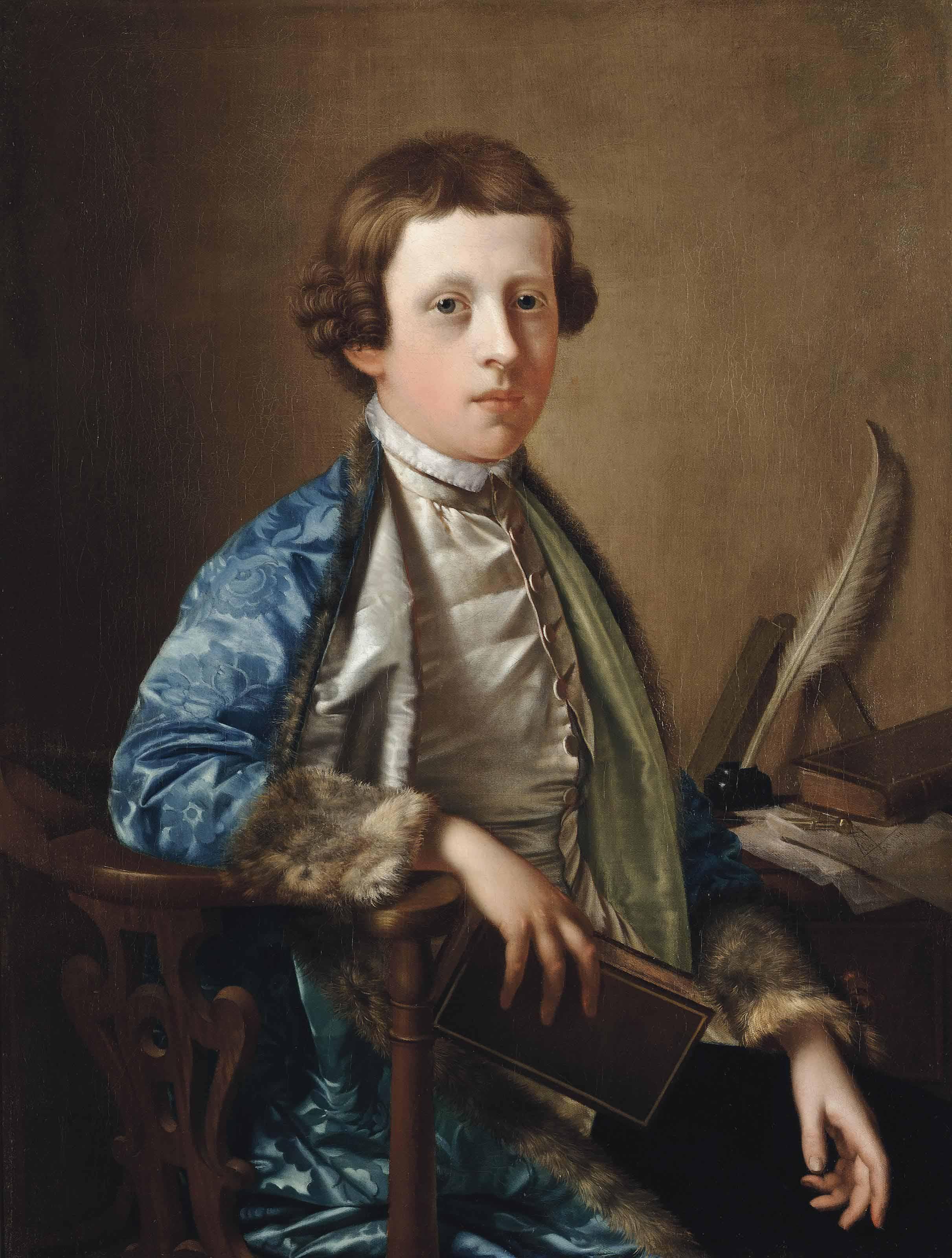 Giles Hussey - Portrait of a boy, traditionally known as John Wolffe, half-length, in a satin waistcoat and fur-lined blue coat, at a writing table