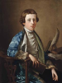 Giles Hussey - Portrait of a boy, traditionally known as John Wolffe, half-length, in a satin waistcoat and fur-lined blue coat, at a writing table